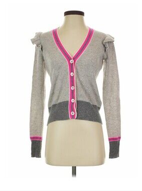 Charter Club Luxury 100% Cashmere Cardigan Gray Pink Ruffle Shoulder XS
